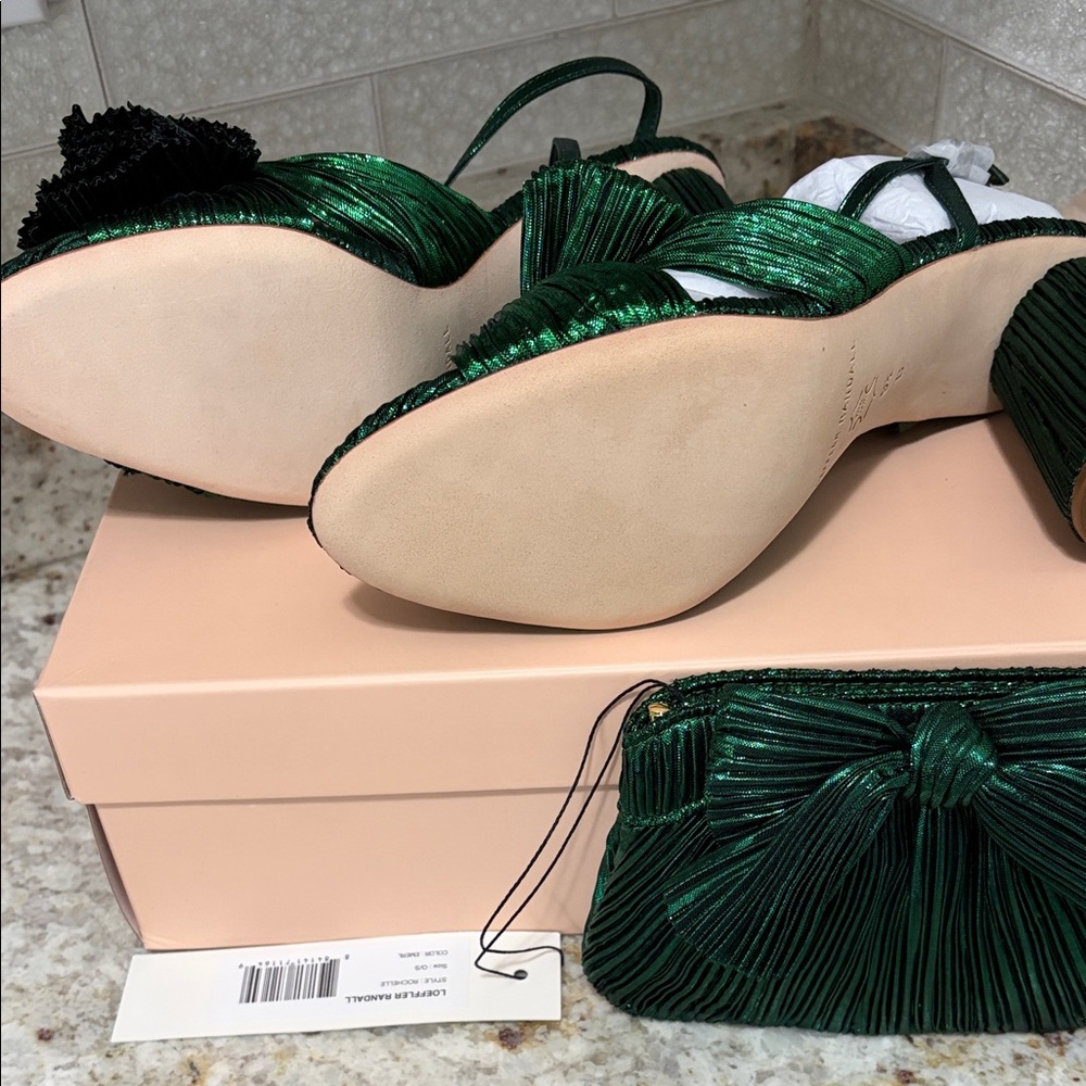 Loeffler Randall Emerald Green Pleated Bow Block Heel Sandals w/Matching Clutch - Picture 2 of 5